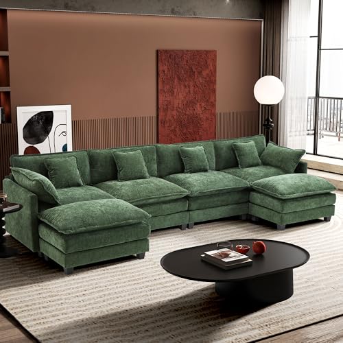 Ihanherry 111.4" U Shaped Modern Cloud Sofa Modular Sectional Couch with 2 Ottoman, 5-Seat Chenille Deep Seat Sofa with Pillow for Living Room
