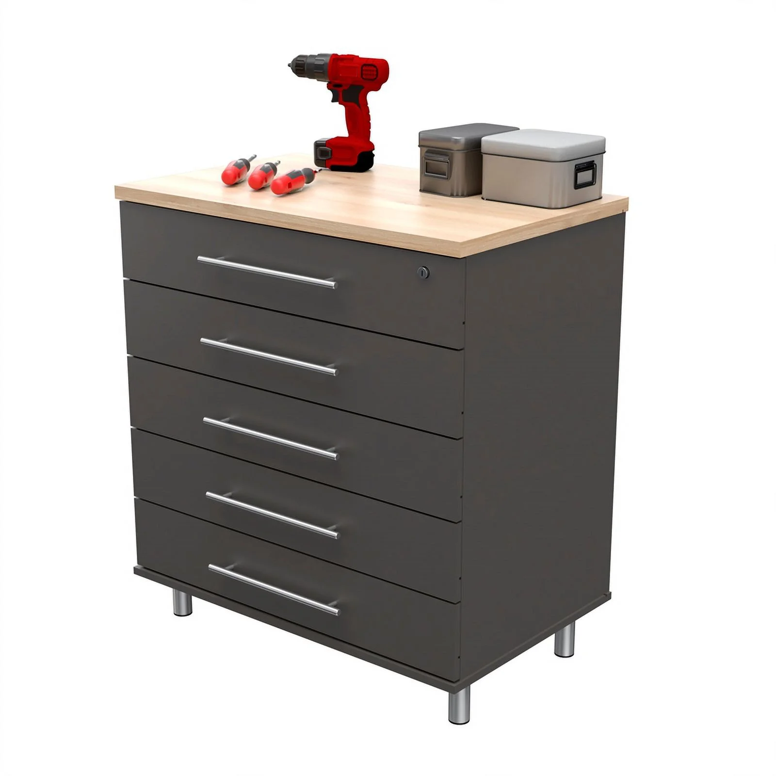 Pemberly Row 5-Drawer Garage Storage Cabinet in Dark Gray/Maple