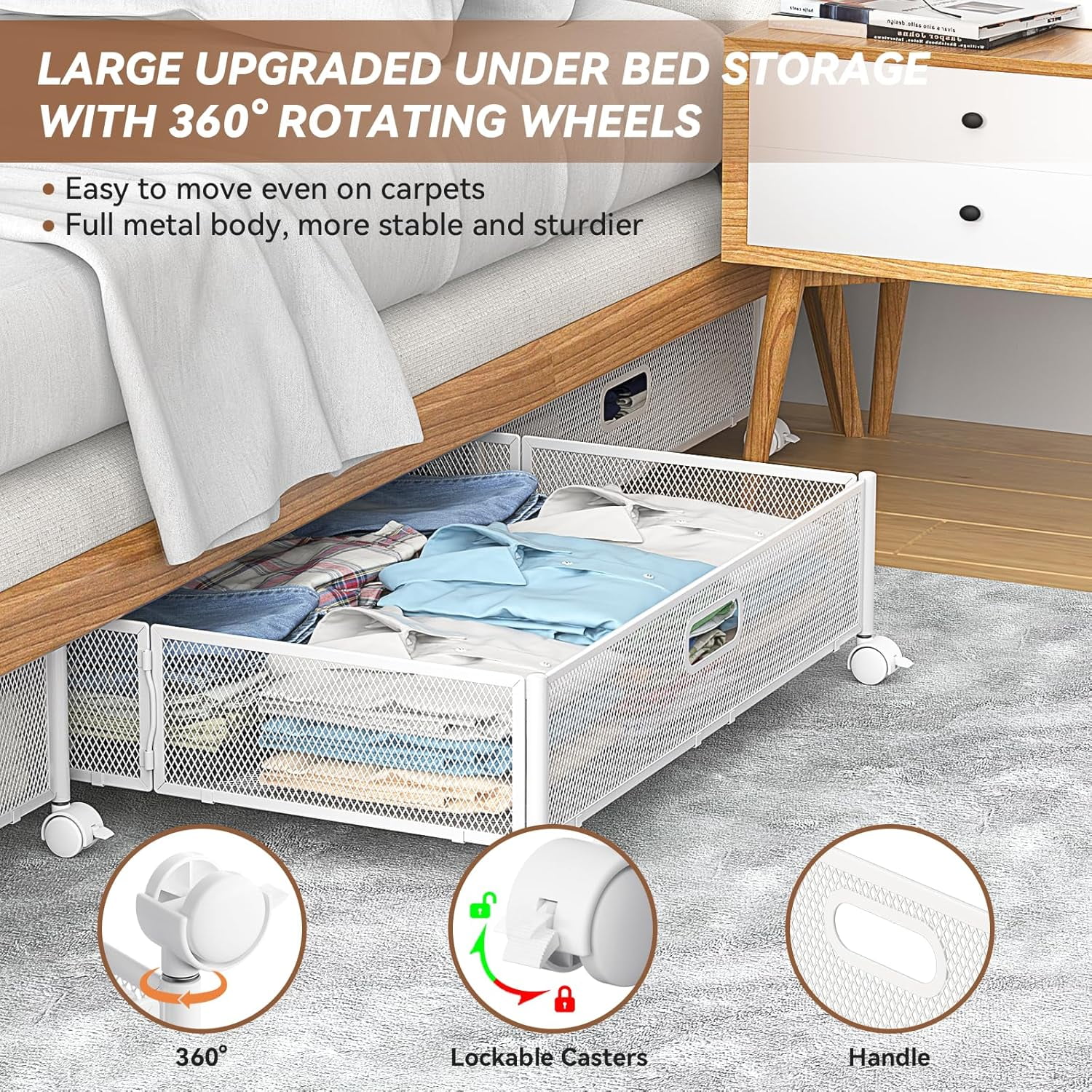 Under Bed Storage Containers with Wheels - Shoe Storage Organizer Drawer, Tool-free Assembly Metal Underbed Storage Containers for Bedroom Clothes