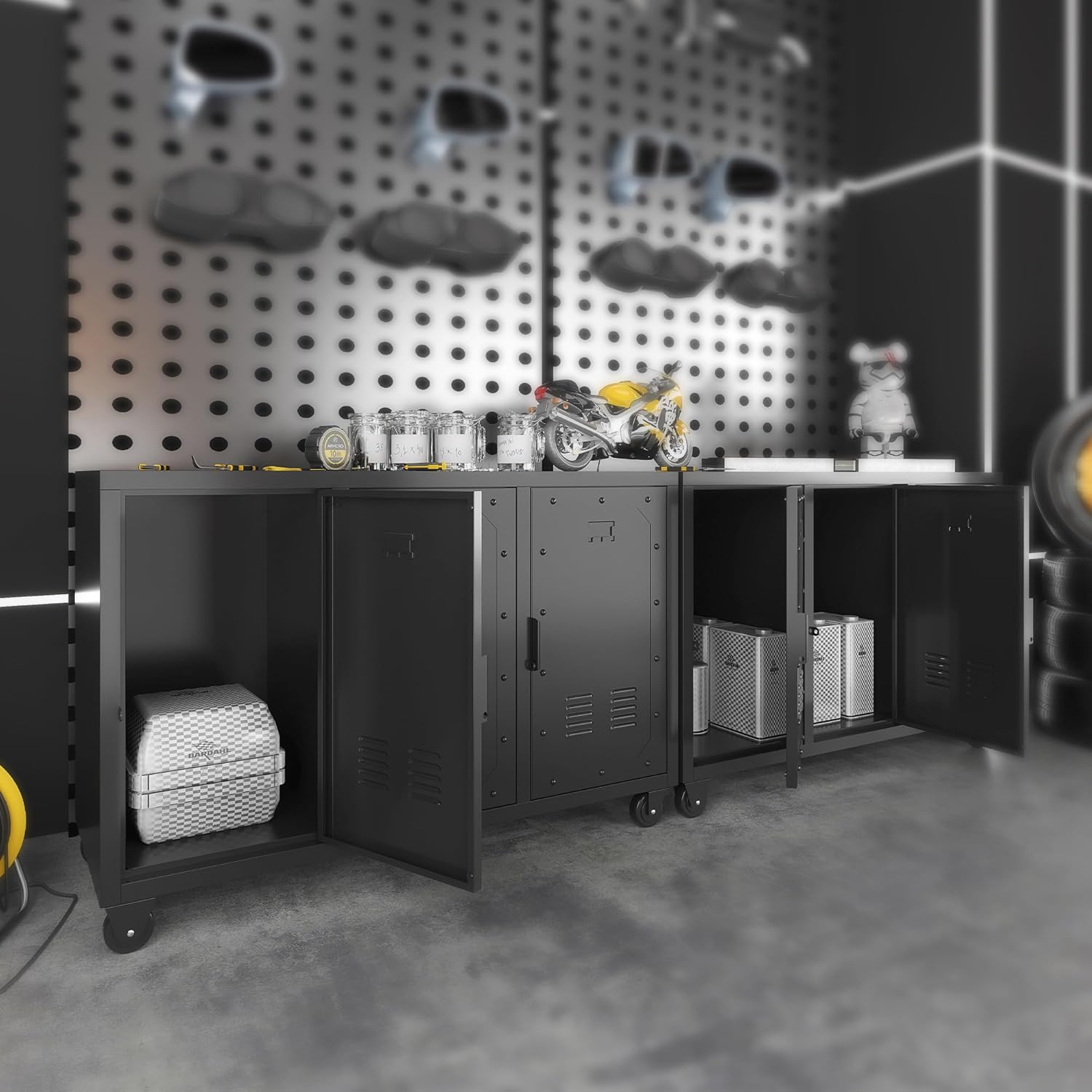 Metal Storage Cabinet with Wheels,Garage Storage Cabinet with 3 Doors