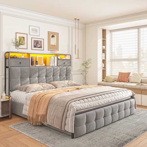 EnHomee King Size Bed Frame with 4 Storage Drawers King Bed Frame with Headboard Built in Charging Station and LED Lights, No Noise