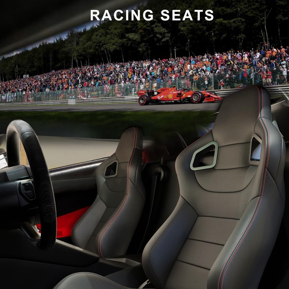 2PC Universal Bucket Red Stitch PVC Leather Racing Seats Reclinable Adjustor Slider Carbon Look Back Racing Seats (Not Including Seat Bracket)