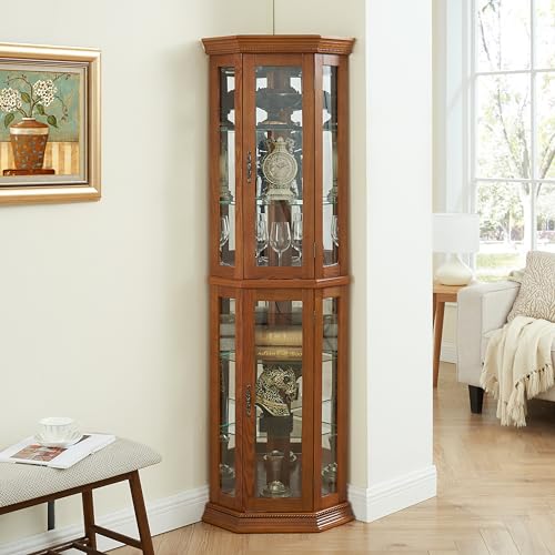 Corner Curio Cabinet Lighted Corner Display, Glass Display Shelf Shelving Bar cabinet with Tempered Glass Door, Bar Cabinet