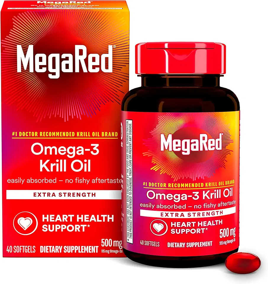 MegaRed Omega-3 Krill Oil 500mg Extra Strength softgels (40 Count in a Box) - Krill Oil No Fishy Aftertaste - Kansas Nuitrition - HNZSDS