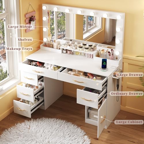 Vanity Desk with Large Mirror and Lights, 45.3in Makeup Vanity with Power Outlet 9 Drawers & Storage, 3 Lighting Color Adjustable
