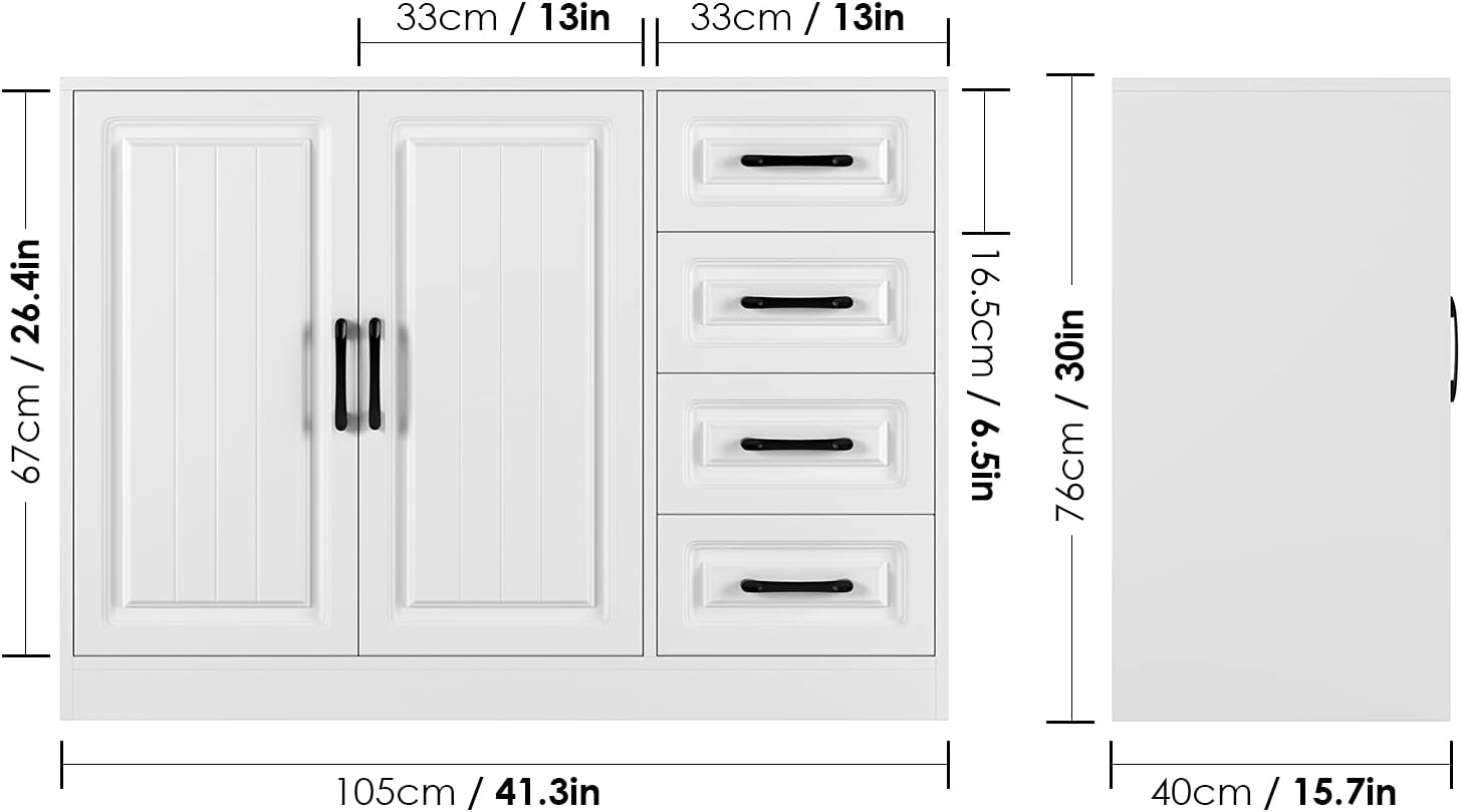 Kitchen Storage Buffet Cabinet, Large Sideboard with 2 Doors and 4 Drawers, Wood Floor Cupboard with Adjustable Shelf for Dining Room, Living Room
