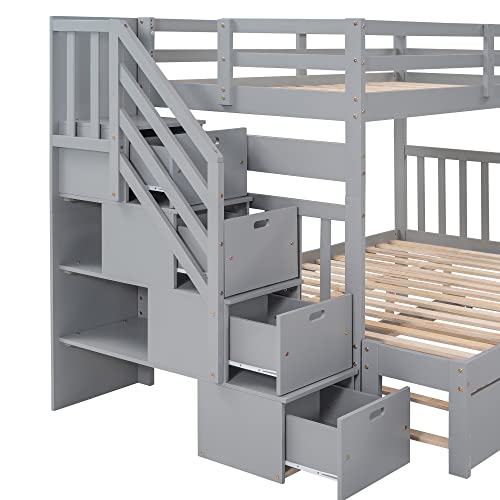 Ball & Cast Twin-Over-Twin Bunk Bed with Twin-Size Trundle and 3 Storage Stairs,Wood Bunkbed w/Full-Length Guardrails,Slat Support