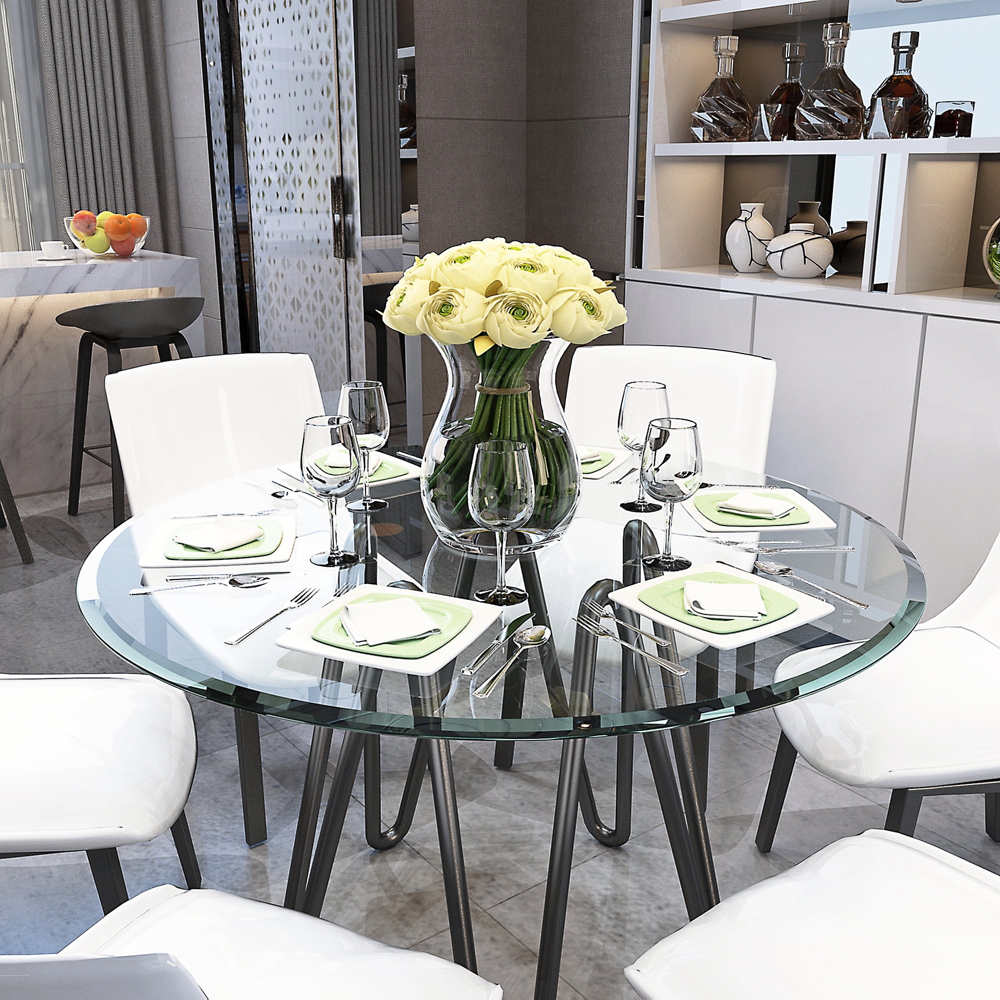40'' Modern Round Tempered Glass Table Top, Clear Glass 2/5" inch Thick Beveled Polished Edge
