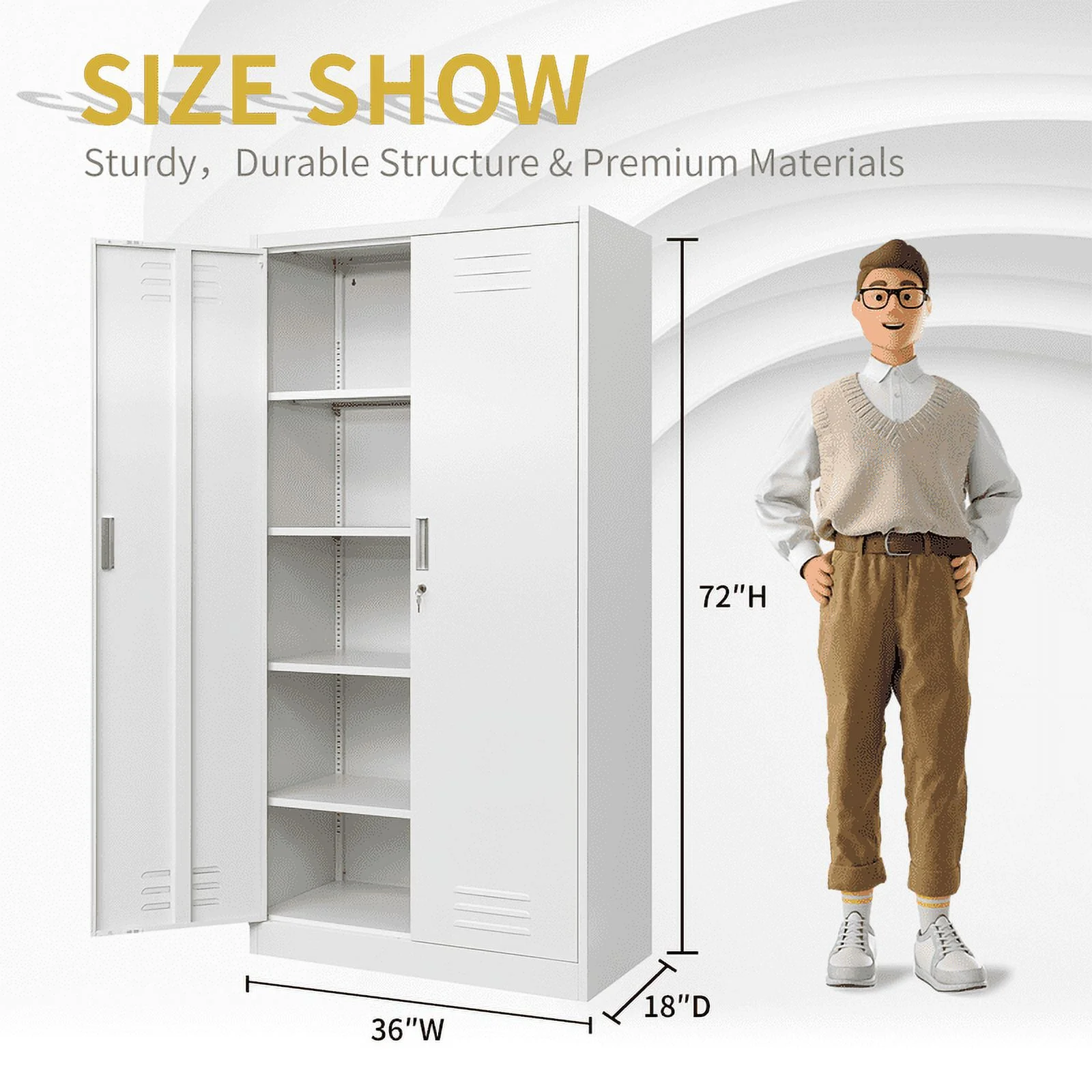 Lockable Storage Cabinet with Adjustable Shelves, 72" Metal Storage Cabinets for Garage, Office, Home, Pantry, Classroom（White）