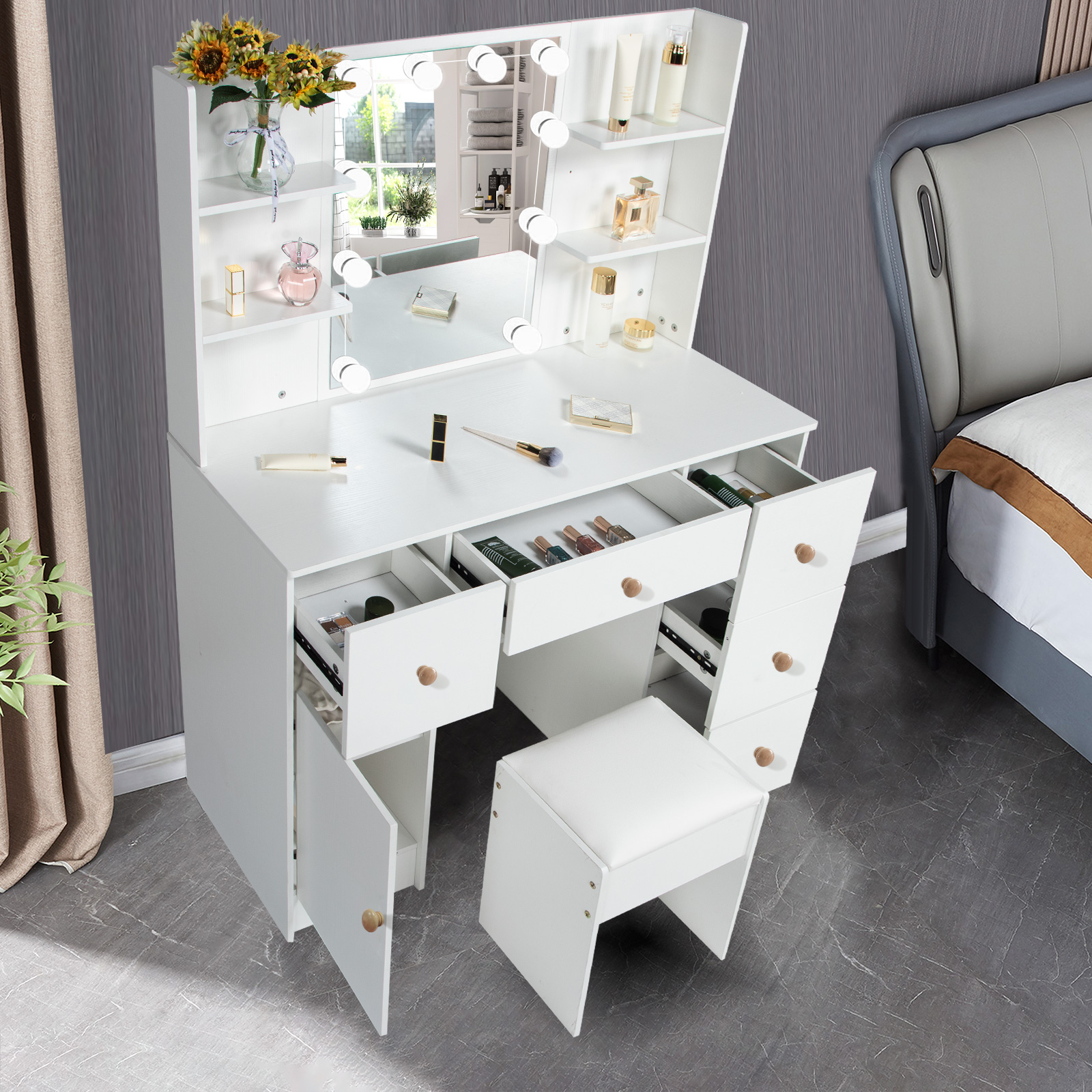 Yamissi Makeup Vanity with Cushioned Stool Vanity Set with Mirror and Lights for Bedroom Small Dresser, White