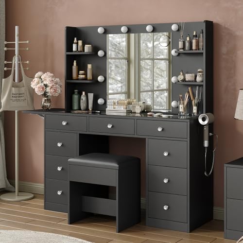 Vanity Desk & Power Outlet, Makeup Vanity with Mirror and 10 LED Lights, 3 Lighting Modes Brightness Adjustable