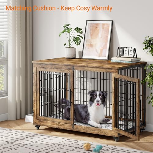 Lulive Dog Crate Furniture for Medium Dogs, 32'' Dog Kennel Indoor with Cushion & Wheels Wooden Dog Cage Double Doors Dog Crate End Table, Grey