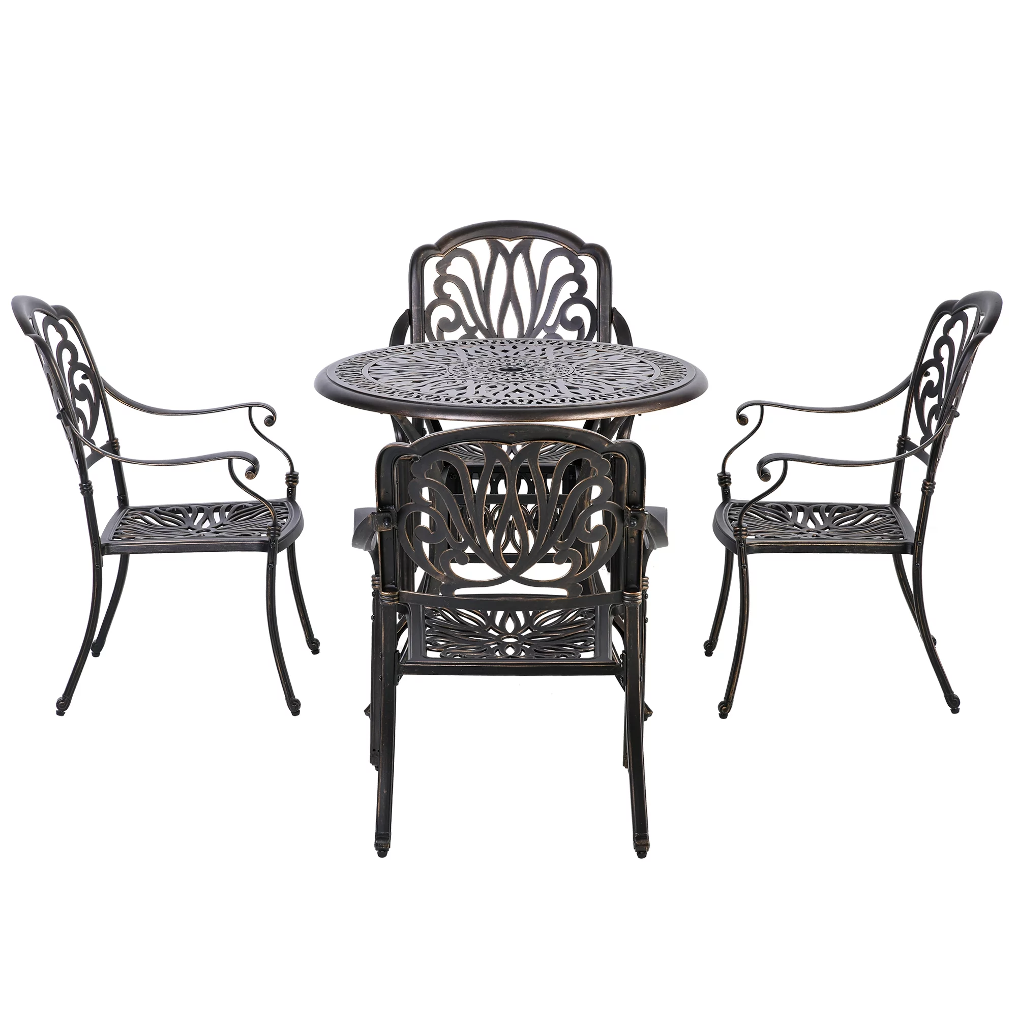 Outsunny Cast Aluminum Patio Dining Set for 4, Umbrella Hole, Bronze