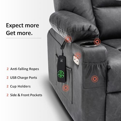 MCombo Small Power Lift Recliner Chair with Massage and Heat for Petite People, Cup Holders, USB Ports, Side Pockets, Faux Leather 7569 (Small