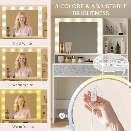 Vanity Desk with Mirror and Lights, Diamond Edition Vanity Desk, Makeup Vanity Table with 3 Drawers & 5 Open Shelves