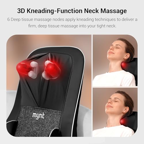 Mynt FSA HSA Eligible 3D Shiatsu Neck and Back Massager for Chair with 10 Deep Kneading Nodes, Back Massage with Heat