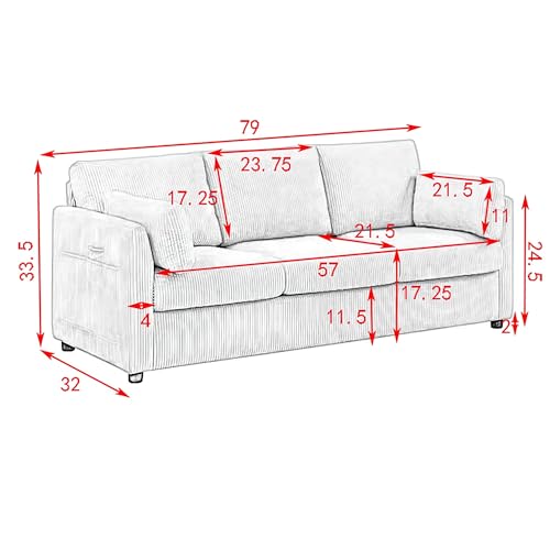 Modern Corduroy Couch 79 Inch Length,3 Seater Sofa w/Square arm and Side Pockets for Living Room, Bedroom, Apartment, Office,Workroom
