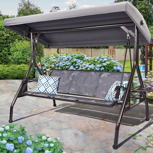 3 Person Patio Swing Outdoor Swing for Adults with Adjustable Canopy &Upgraded Cup Holders Textilene Fabric Porch Swing Chair with Stand Heavy Duty