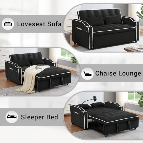 Convertible Couch, 3 in 1 Pull Out Sofa Bed with Adjustable Backrest Loveseat Sleeper with Storage and Pillows