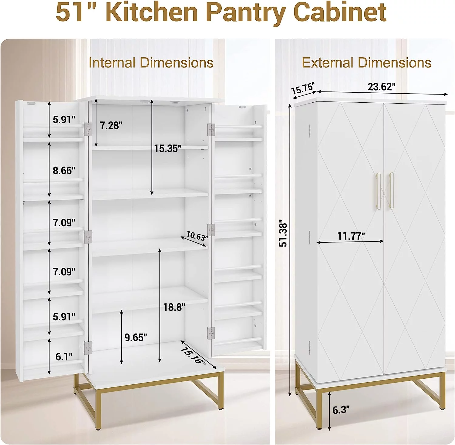 51” Pantry Cabinets, White Freestanding Kitchen Pantry Storage Cabinet with Adjustable Shelves, Buffet Cupboards Storage Cabinet for Home Office Use