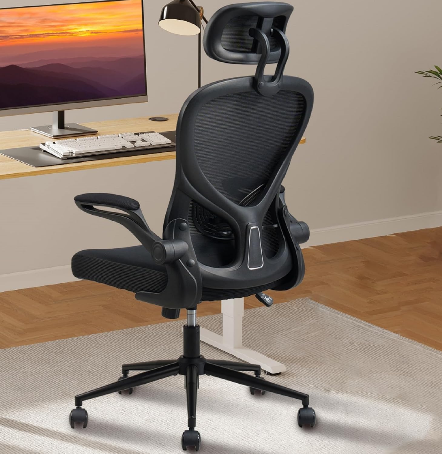 Ergonomic Office Chair, High Back Office Desk Chair with S-Shaped Backrest, Adjustable Lumbar Support, Headrest, Flip-up Armrest
