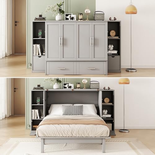 Queen Size Murphy Wall Bed with Storage, Bookcase Headboard, Solid Wood Cabinets, Shelves, Drawers and USB Ports