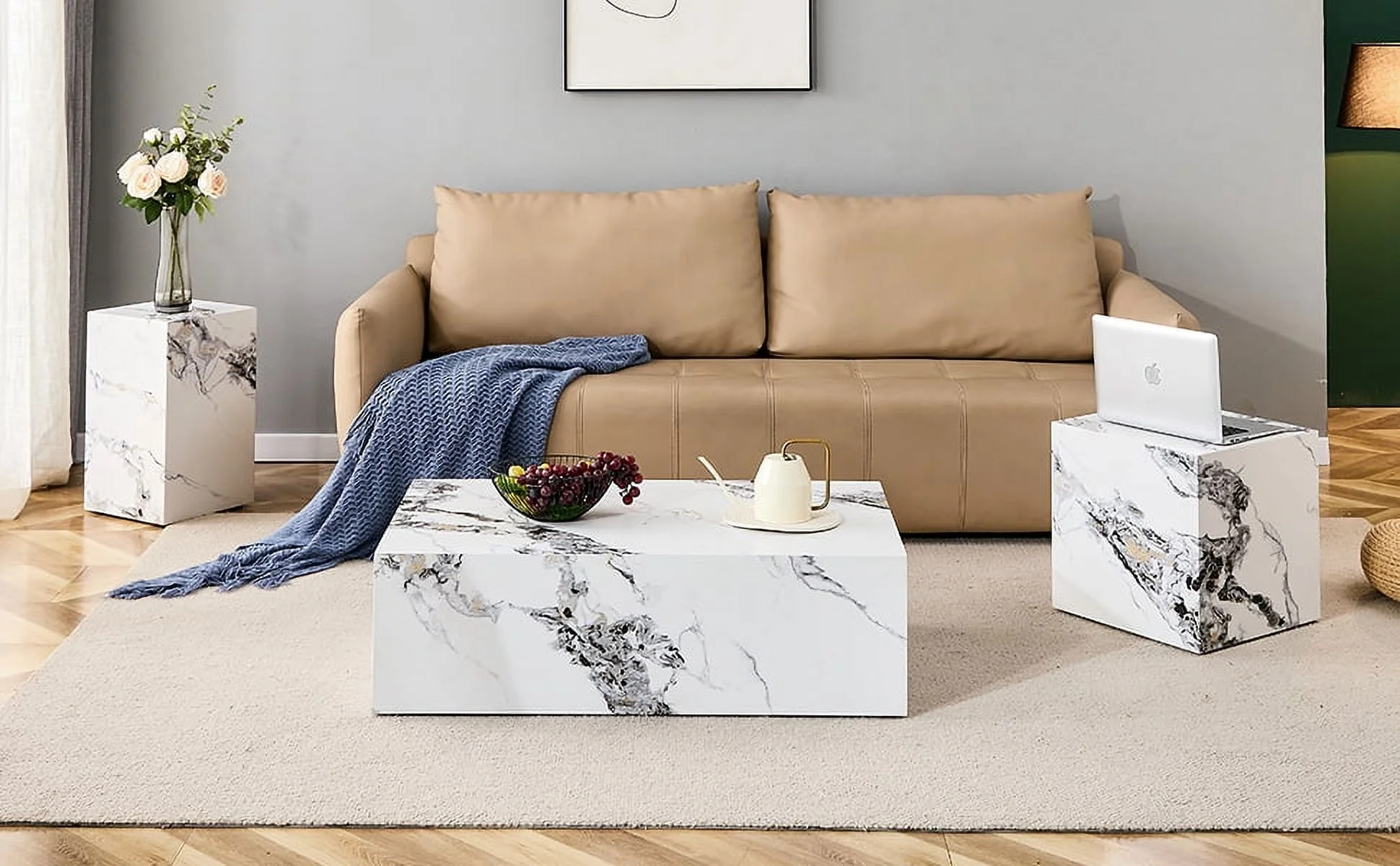 15.75 inches Modern White Cube Coffee Table - Stylish Texture Design, MDF + Sticker Material Construction