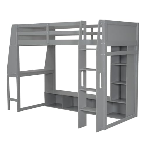 Modern Full Size Gaming Loft Bed with Built-in Desk and Storage Wardrobe, Wood Loft Bed Frame with Light Strip and 2 Drawers