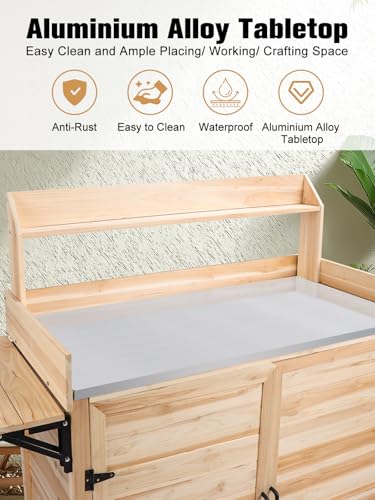 Kalolary Potting Bench for Outside Garden Potting Table with Storage Cabinet Foldable Shelf Multipurpose Garden Workstation Wooden Outdoor Potting