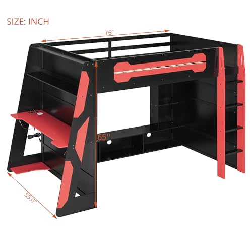 Modern Full Size Gaming Loft Bed with Built-in Desk and Storage Wardrobe, Wood Loft Bed Frame with Light Strip and 2 Drawers