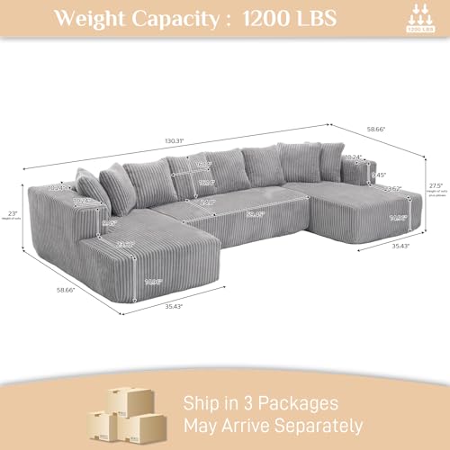 131" Modular Sectional Sofa Cloud Couch, Corduroy Memory Foam Black Sectional Couches for Living Room, Modern Deep Seat Boneless Sofa