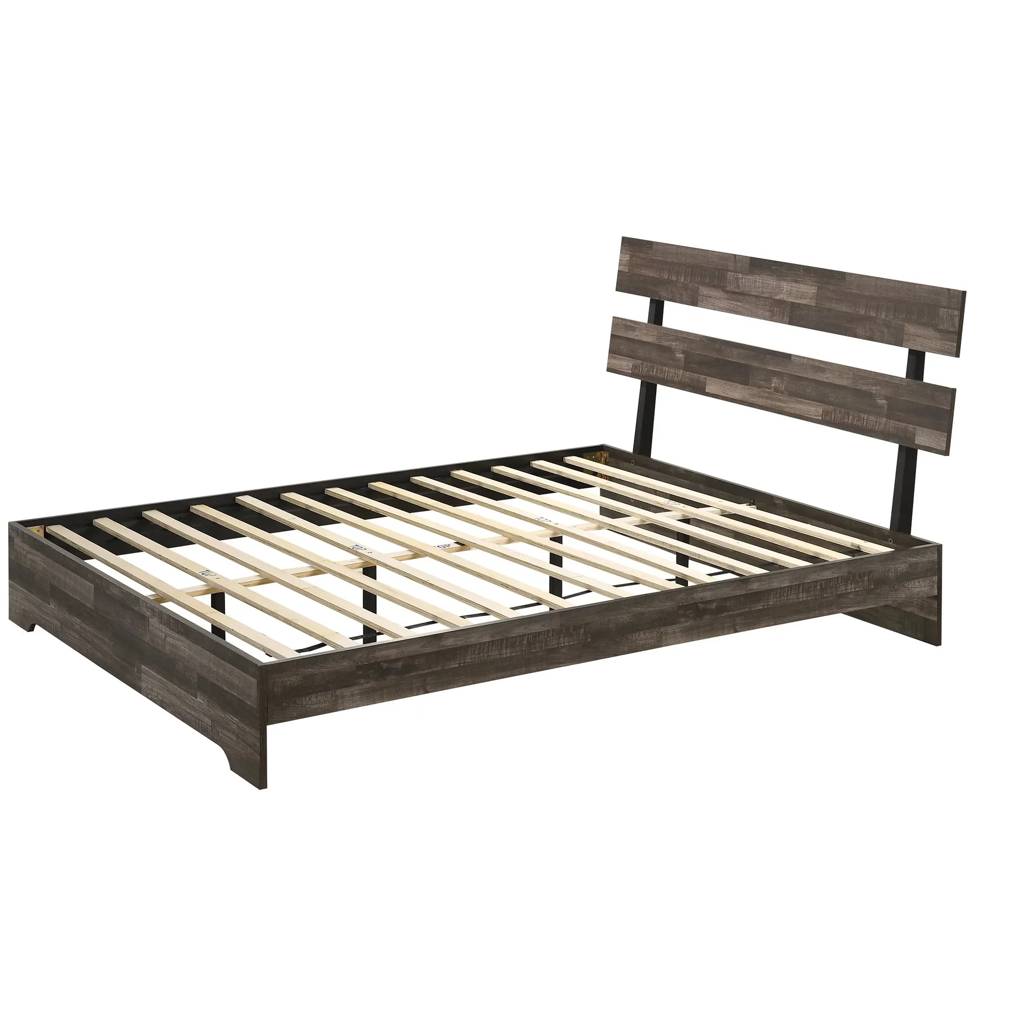 Rustic Brown Finish 4pc Queen Size Platform Bedroom Set Bed Dresser Mirror Nightstand Wooden Furniture
