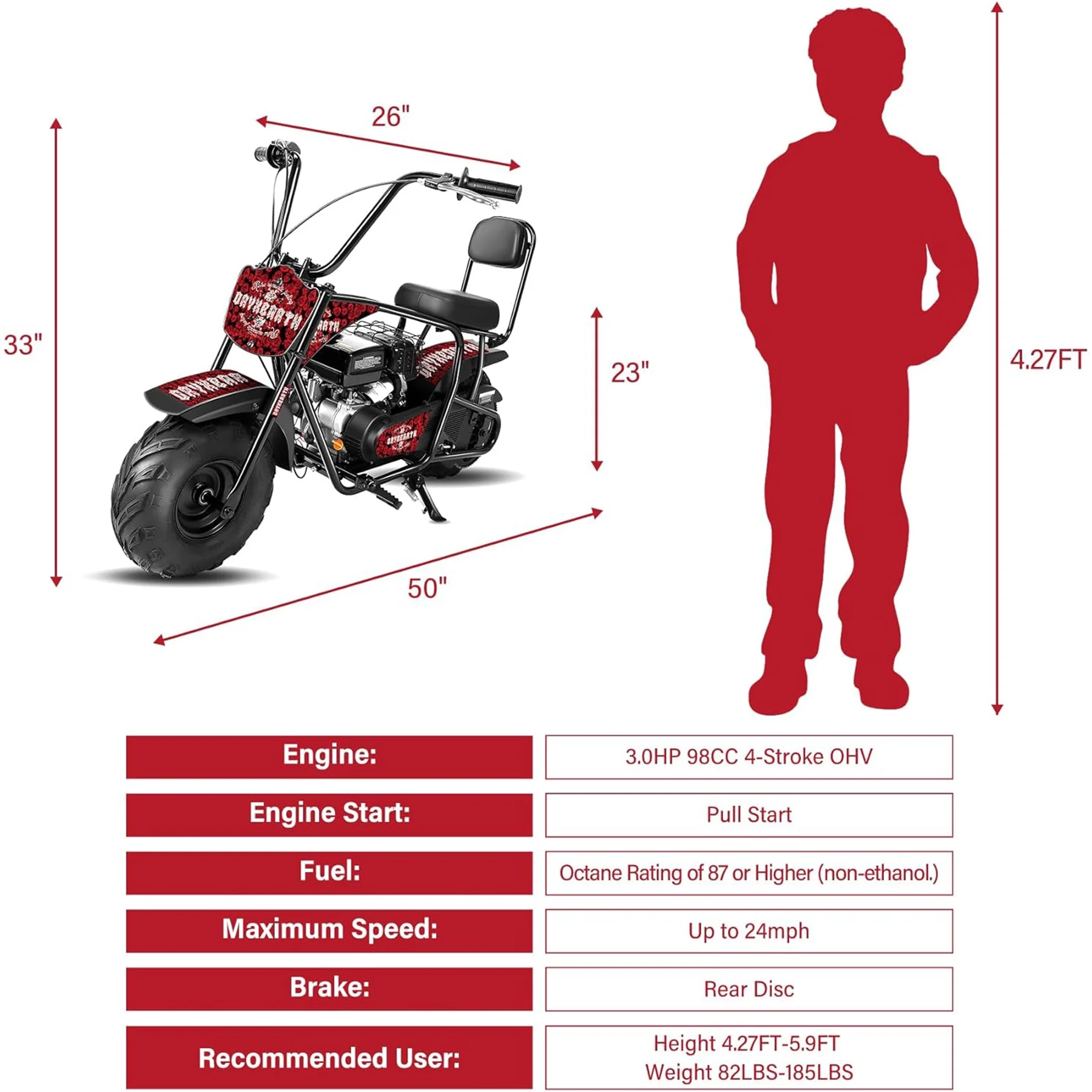 Oryxearth Mini Bike for Kids Motorcycle, Gas Power Dirt Bike,98CC 4-Stroke Ride on Toys, Red - Radiant Selections