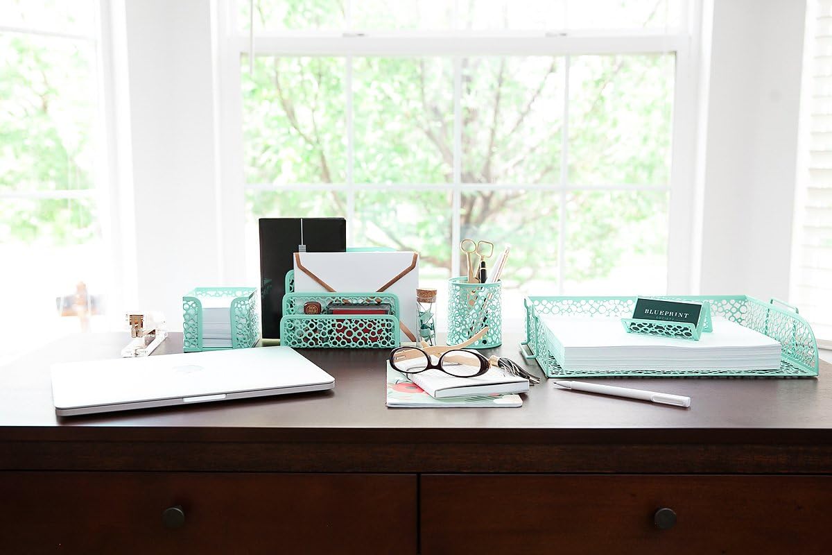 Blu Monaco Office Supplies Mint Green Desk Organizers and Accessories-5 Piece Cute Desk Organizer Set-Letter Tray-Pen Cup-Sticky Note Holder-Business