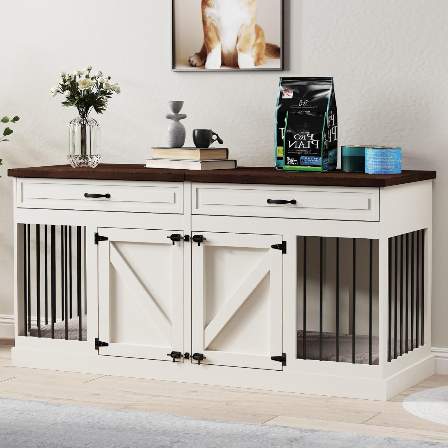 Dog Crate Furniture - Indoor Heavy Duty Wooden Furniture Style Dog Crate with 2 Doors, Room Divider and 2 Drawer - 63" Lx23.6 Wx31.5 H, White