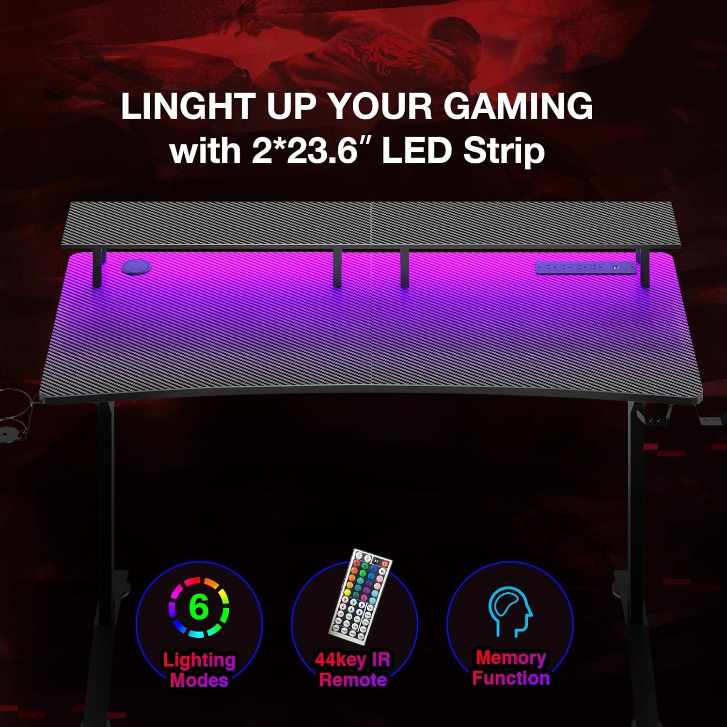 SEVEN WARRIOR Gaming Desk 55INCH with LED Strip & Power Outlets,Carbon Fiber Surface Computer Gamer Desk with Full Desk Mouse Pad
