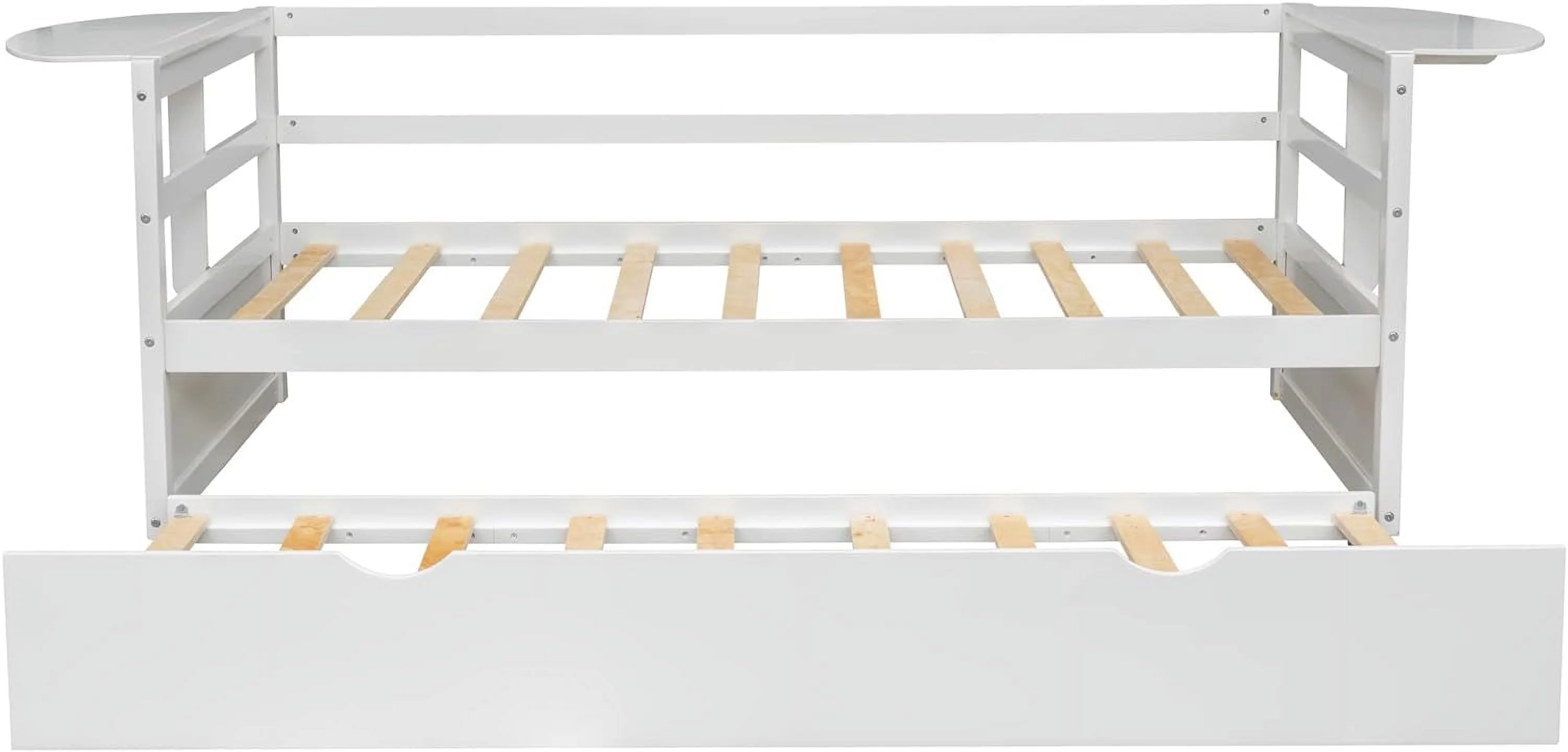 Size Daybed With Trundle, Solid Wood Daybed Frame With Foldable Shelves On Both Sides, For Kids Teens Guests. Bedroom Living Room Furniture (, White)