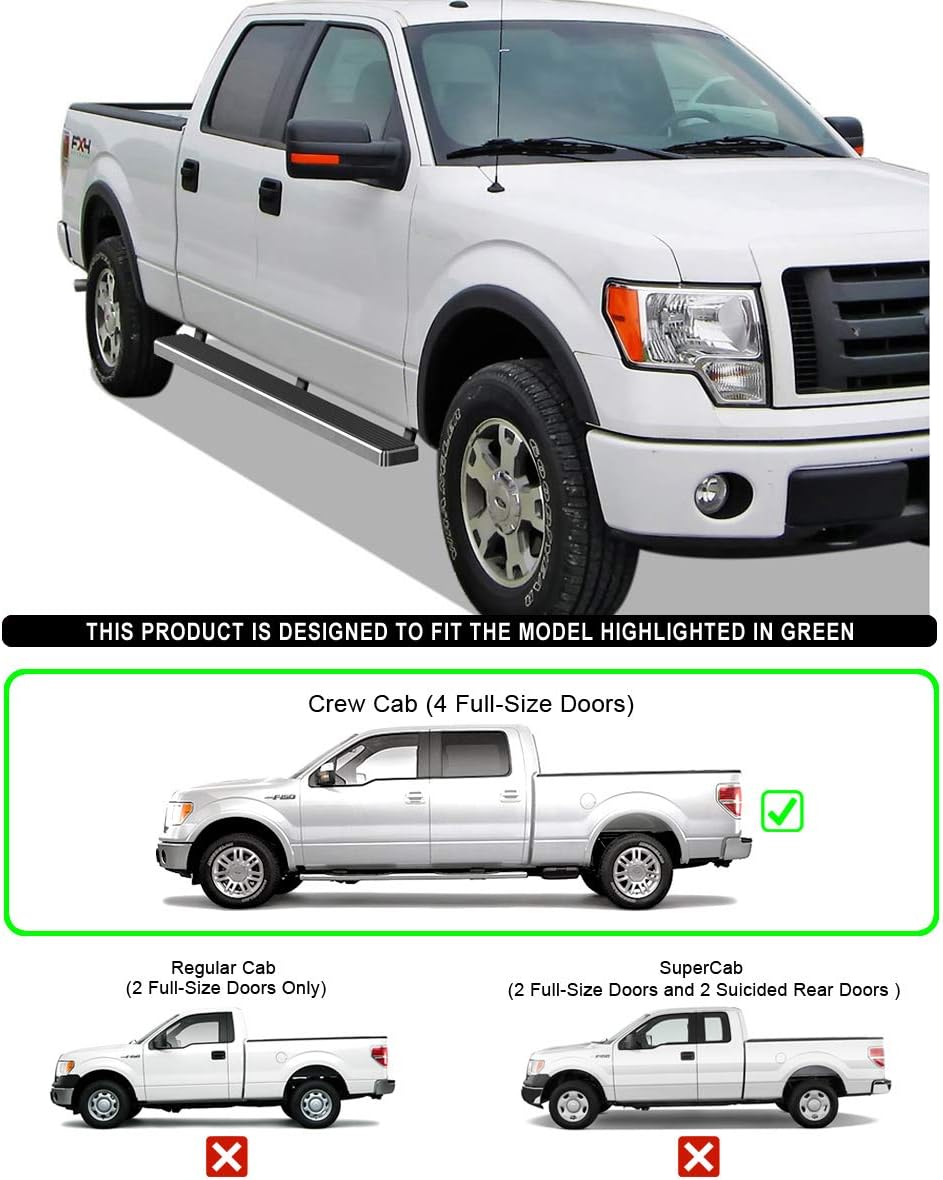 APS iBoard 304 Stainless Steel Polished 5in Silver Running Boards Compatible with Ford F150 2009-2014 SuperCrew Cab (Nerf Bars Side Steps)
