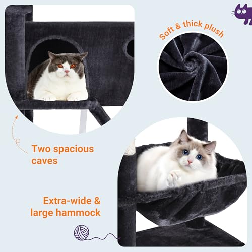 Allewie 81 Inches Tall Cat Tree/Multi-Level Large Climbing Tree House and Towers for Big Feline/Condo and Hammock/Scratching Post/Wide Base/Dark Grey