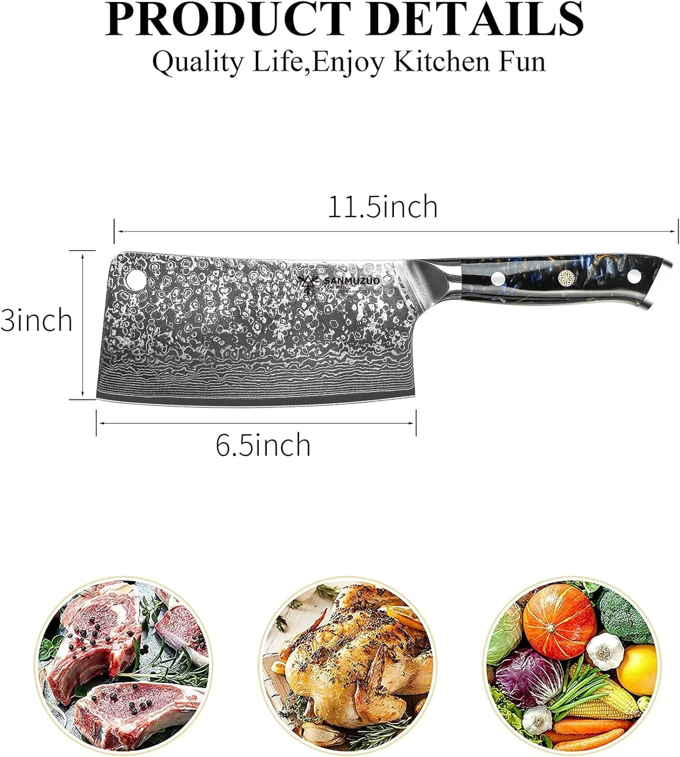 FJU Chopping Knife - 7 inch Cleaver Knife- Xuan Series - VG10 Damascus Steel Kitchen Knife - Resin Handle (Starry Black)