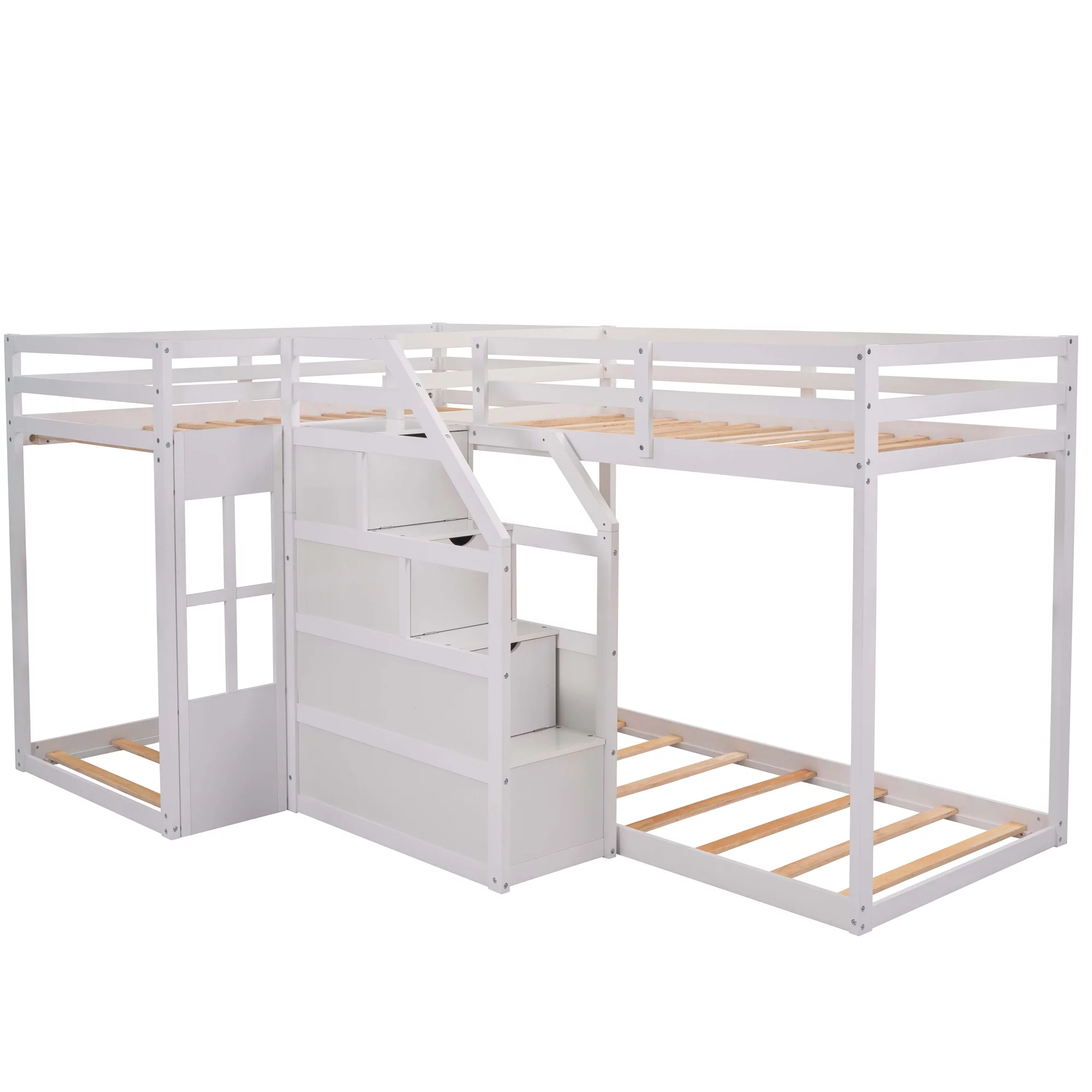 EUROCO Twin over Twin L-Shaped Bunk Bed with Middle Staircase, White - Curated Treasures Market