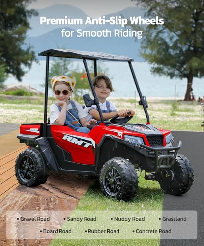 ELEMARA 24V Ride on Toy for Big Kid,Ride on Car 2 Seater w/Sun Shade,Dump Bed & Shovel,4.5MPH,4WD Electric Car for Kids,Battery Car w/Remote