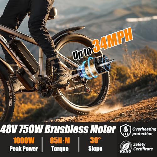 E·Bycco 29” Electric Bike for Adults, 48V 17.5AH Battery, 750W Peak 1000W Electric Mountain Bike, Up to 70 Miles 34MPH Ebike with 21-Speed