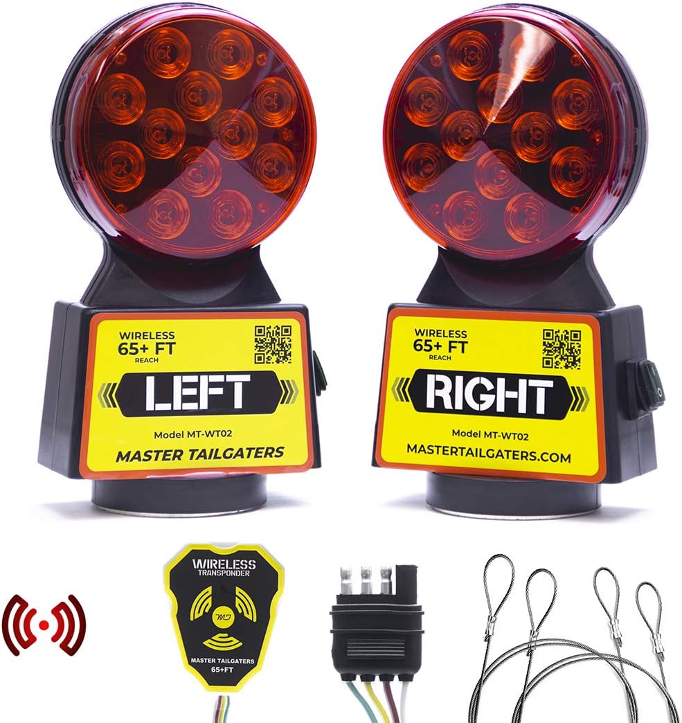Master Tailgaters Wireless Trailer Tow Lights - Magnetic Mount - 48 Feet Range - 4 Pin Blade Connection + Safety Straps