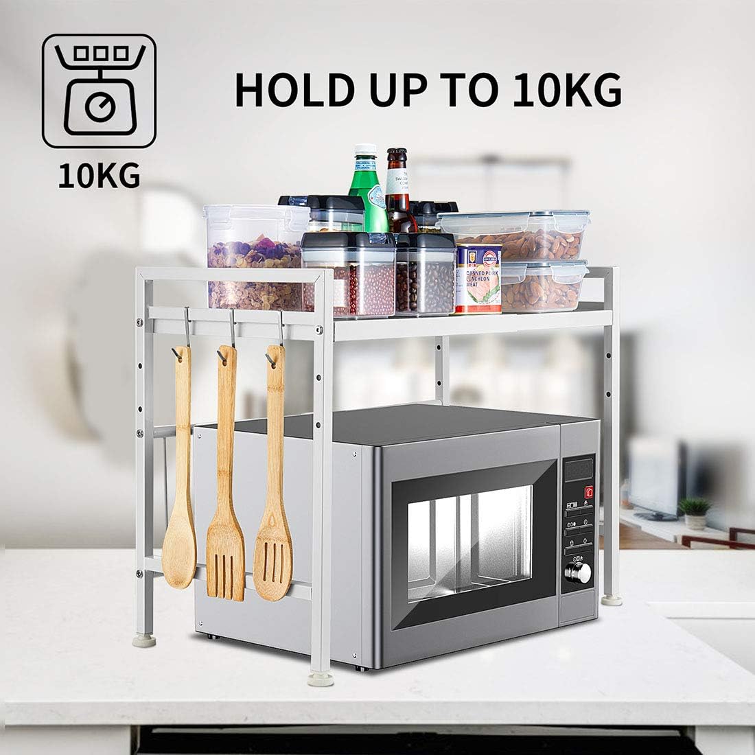 i BKGOO Expandable White Microwave Oven Rack Shelf Kitchen Supplies Tableware Storage Carbon Stainless Steel Counter Rice Cooker Stand Contains 2