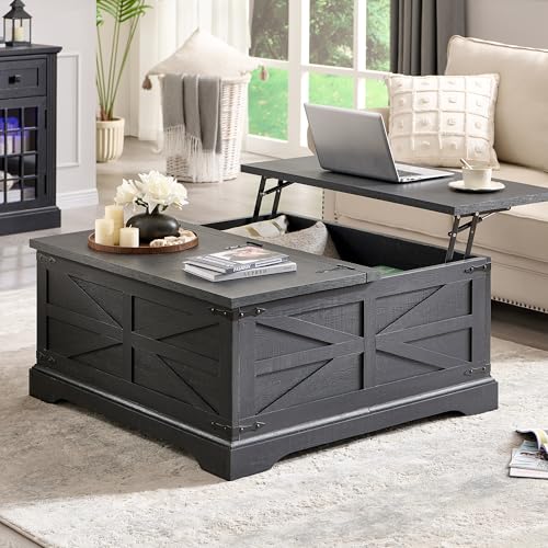 JXQTLINGMU Farmhouse Lift Top Coffee Table with Storage, 36" Wood Square Center Table with Large Hidden Compartment