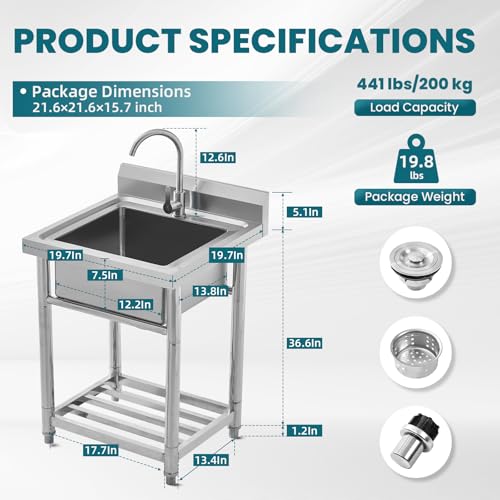 Utility Sink Stainless Steel Free Standing Single Bowl Laundry Outdoor Commercial Kitchen Sink with Cold Hot Pipe for Bar, Garage, Restaurant