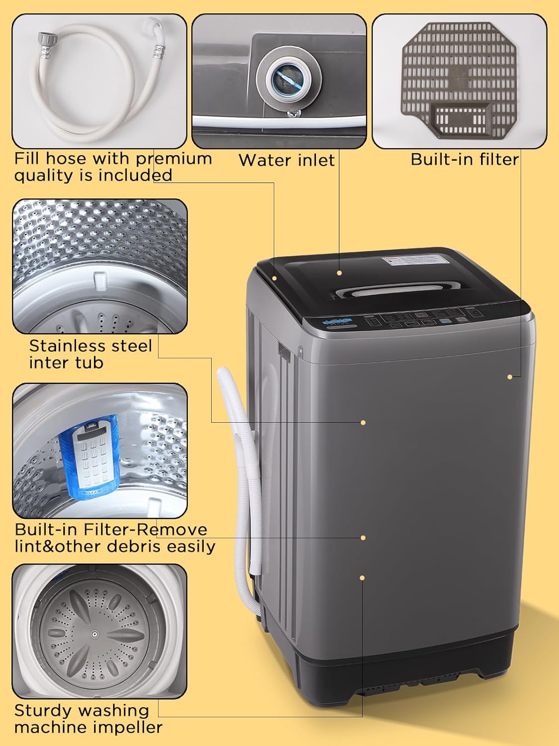 Krib Bling 17.7 lbs Full-Automatic Washing Machine with LED Display, Portable Compact Laundry Washer with Drain Pump, 10 Wash Programs 8 Water Levels