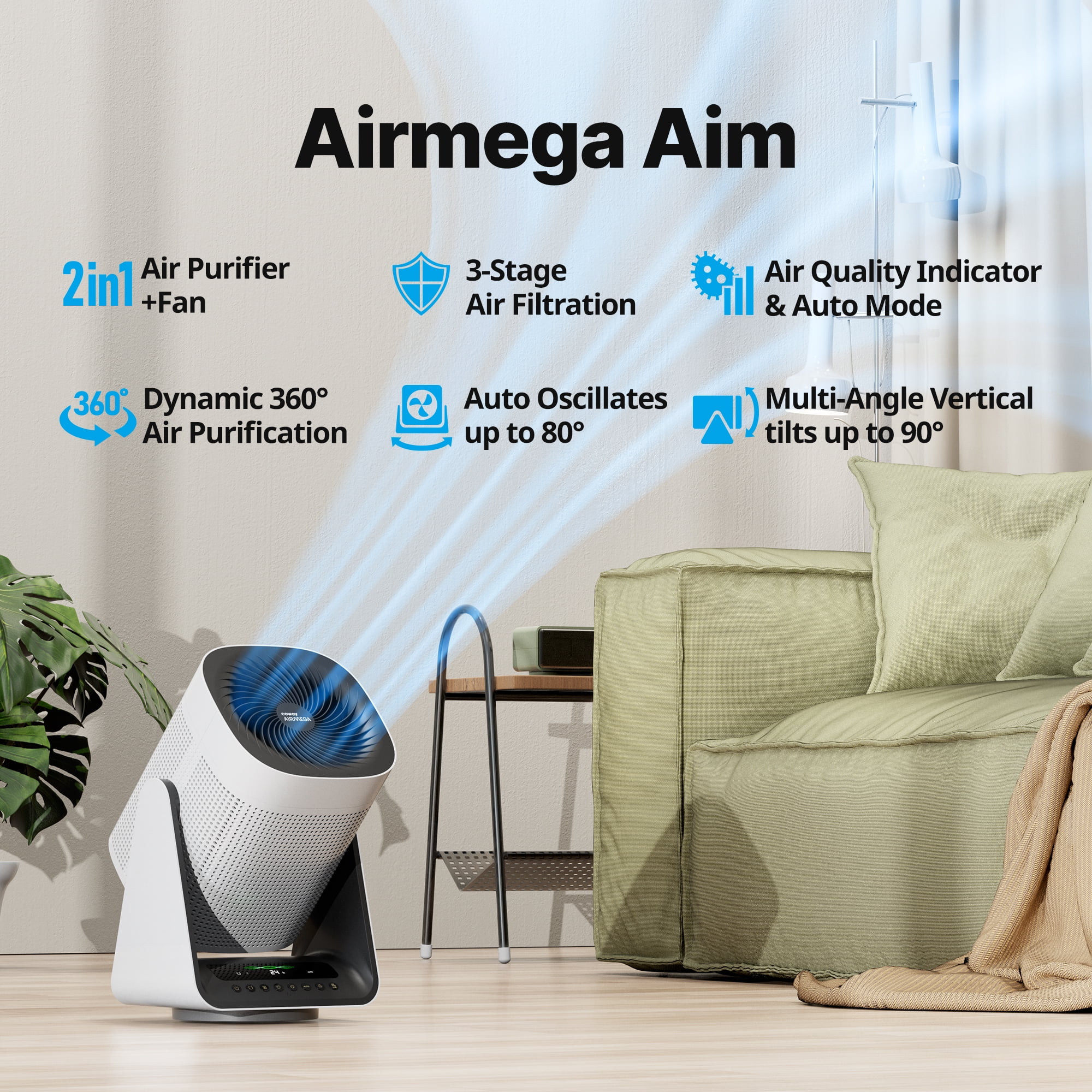 Coway Air Purifier Airmega Aim True HEPA Air Purifier + Fan (2in1), Covers Upto 246 sq ft, Auto Mode, Oscillation, Air Quality & Filter Indicator