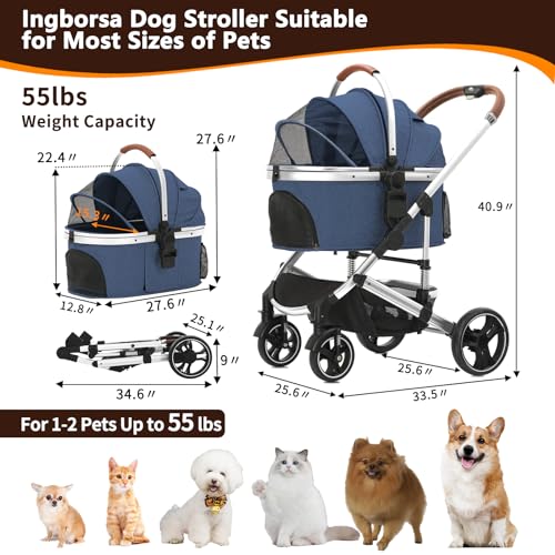 Pet Stroller 3 in 1 Folding Lightweight Dog Stroller with Detachable Carrier & Storage Basket, Premium 4 Wheels Travel for Puppies, Doggies